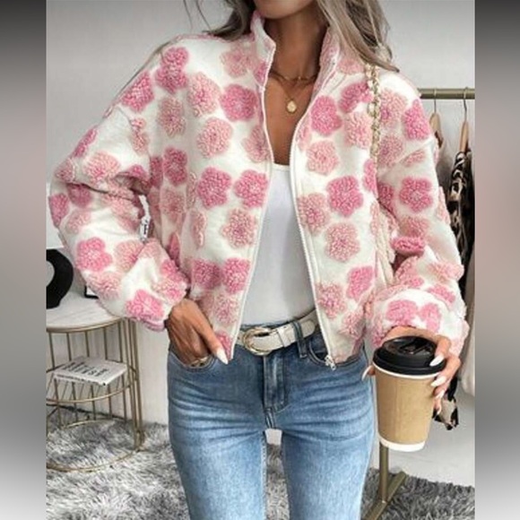Boho Luxe White Pink Textured Floral Sherpa Zip Front Jacket Coat Holiday - Picture 5 of 9